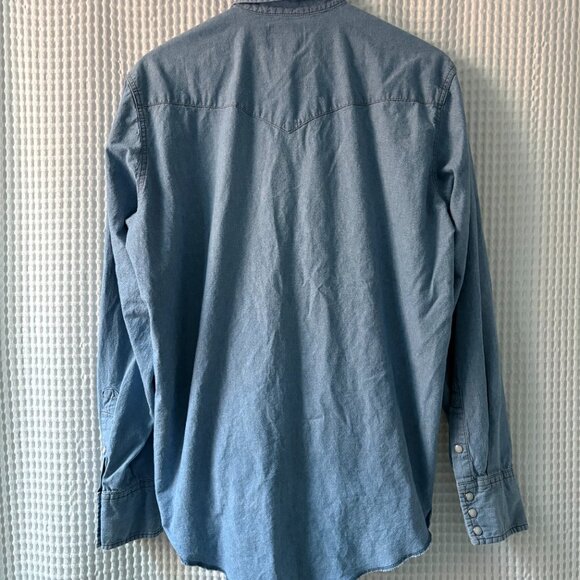 Wrangler chambray cowboy western-style pearl snap raw hem shirt men's 16.5 x 36 - Picture 2 of 6